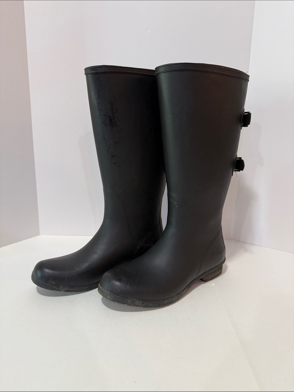 chooka Black Tall Rain Boots with Buckle Details